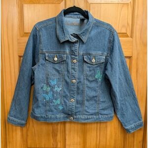 Arizona Jean Co Women's XXL Blue Denim Jean Jacket Coat Embroidered Butterflies